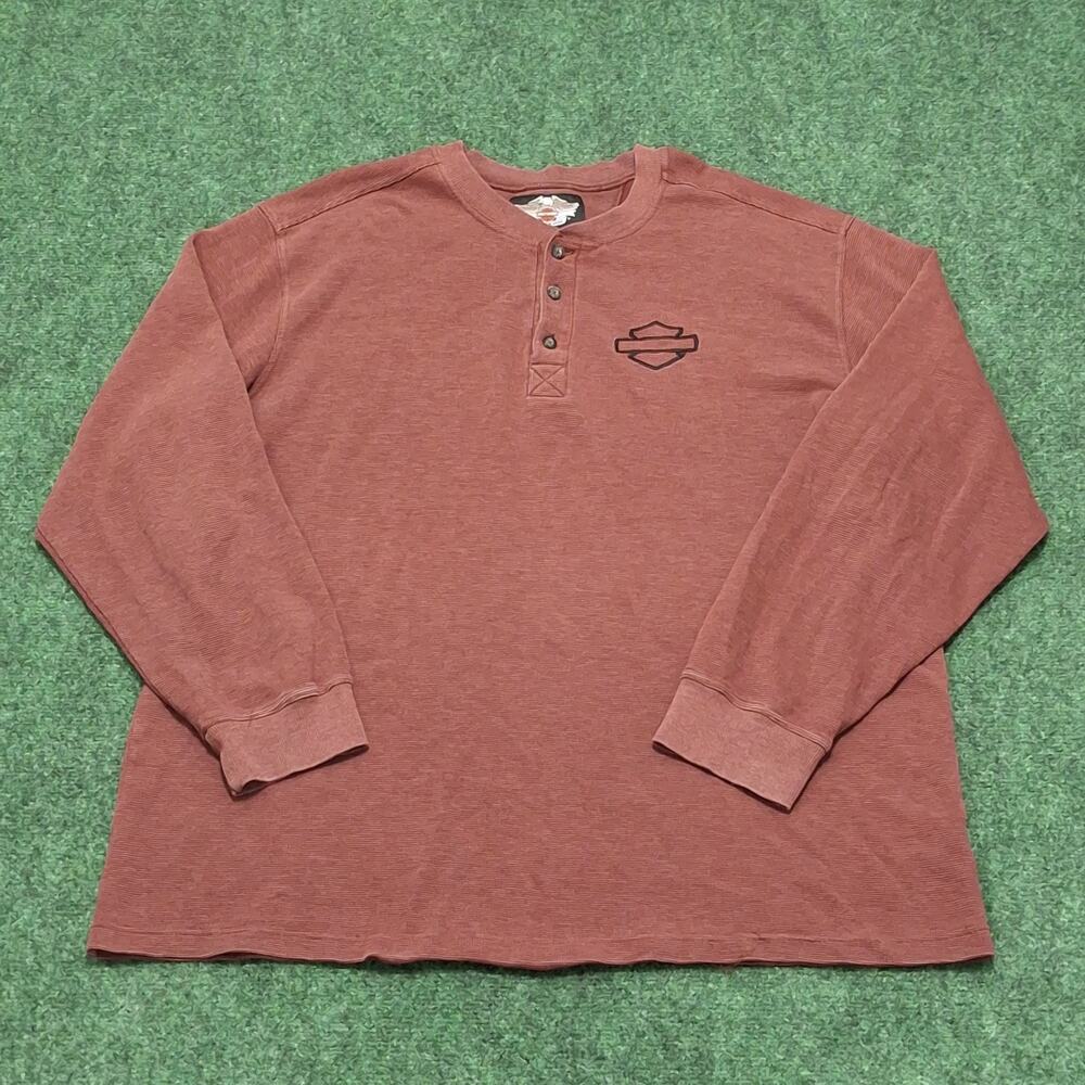 Harley Davidson Henley Men's 2XL Red Maroon Waffle Thermal Knit LS Spell Out